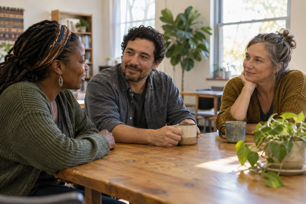 Neighbors having a relaxed conversation around a table