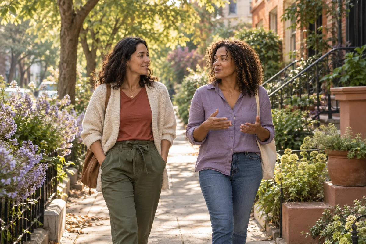 Two friends walking and talking on a leafy neighborhood sidewalk