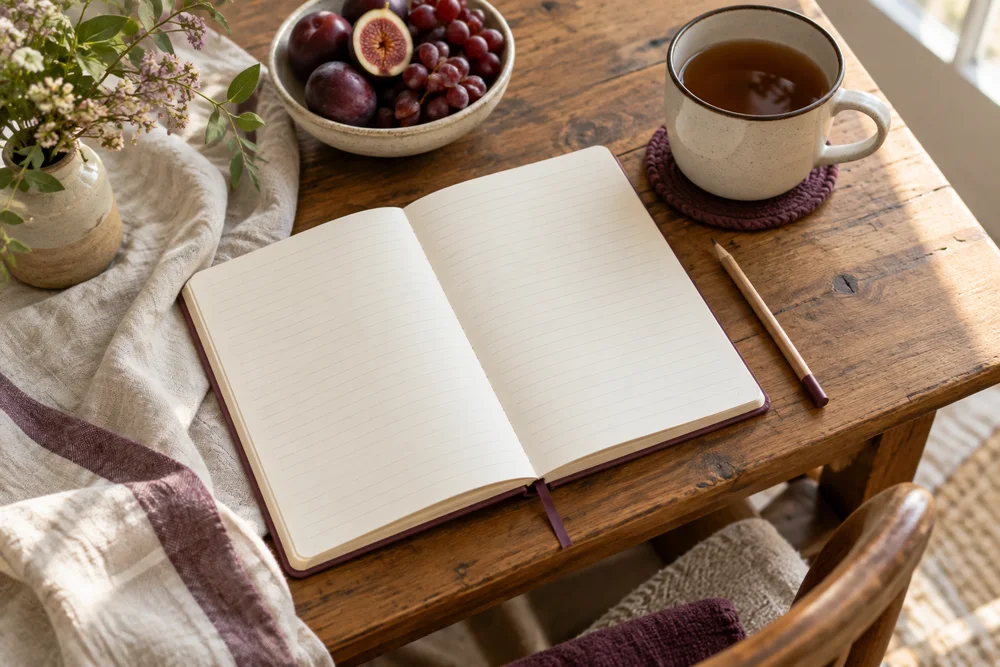 An open notebook, pencil, tea, and fruit on a sunlit kitchen table